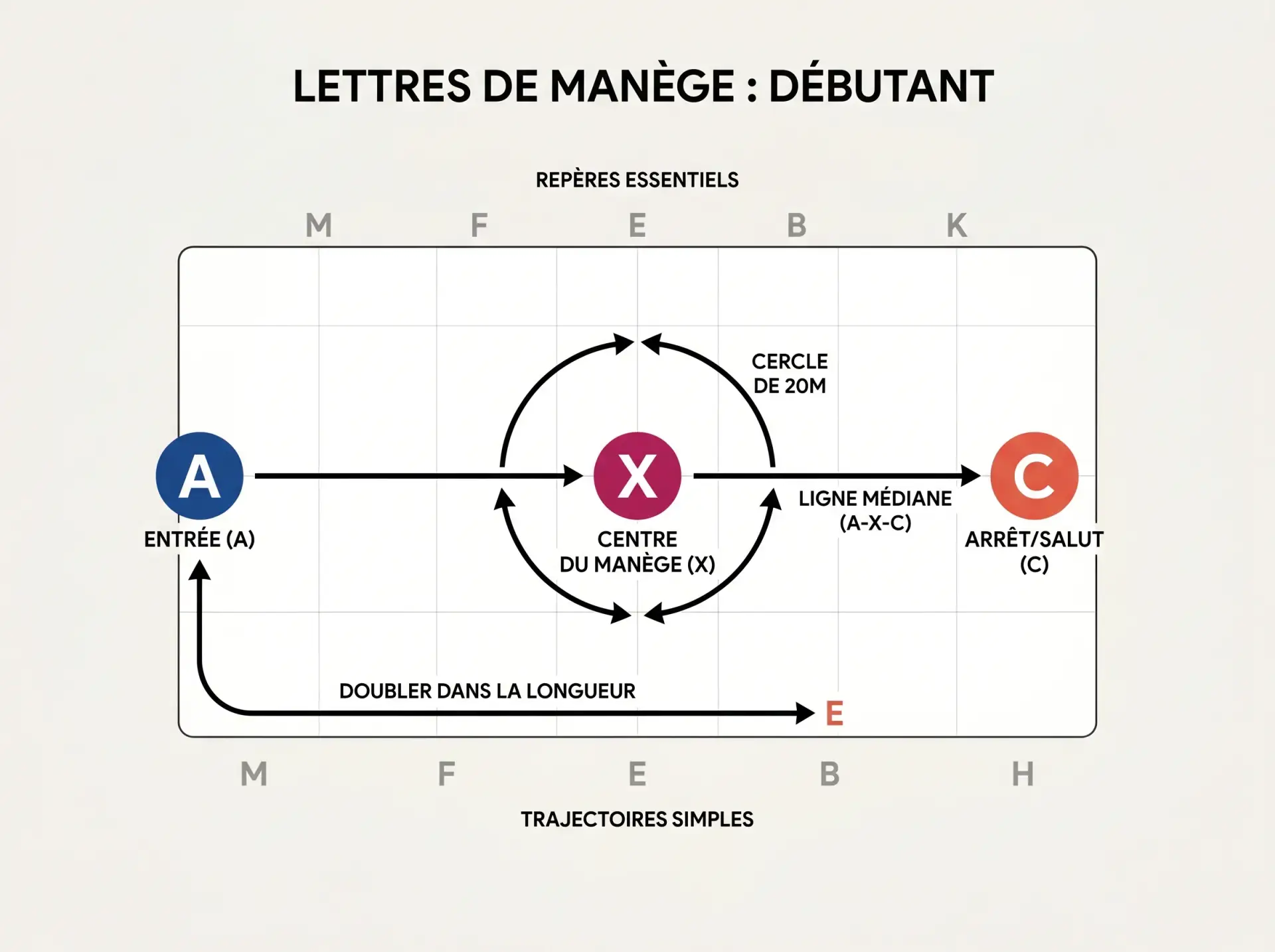 Schéma simple pour mémoriser quelques lettres clés du manège et leurs repères.