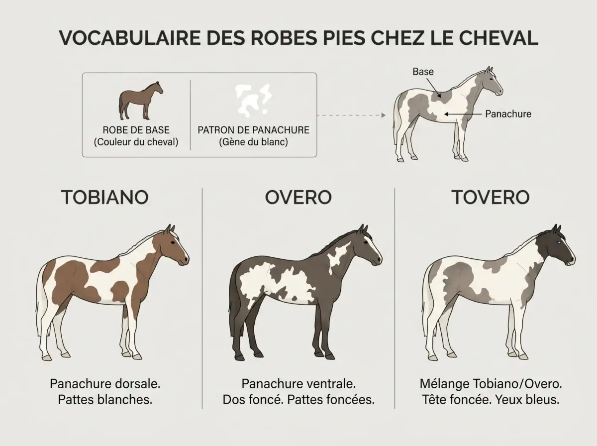 Repères de vocabulaire autour du tovero couleur-cheval-pie-taches-noires-blanches